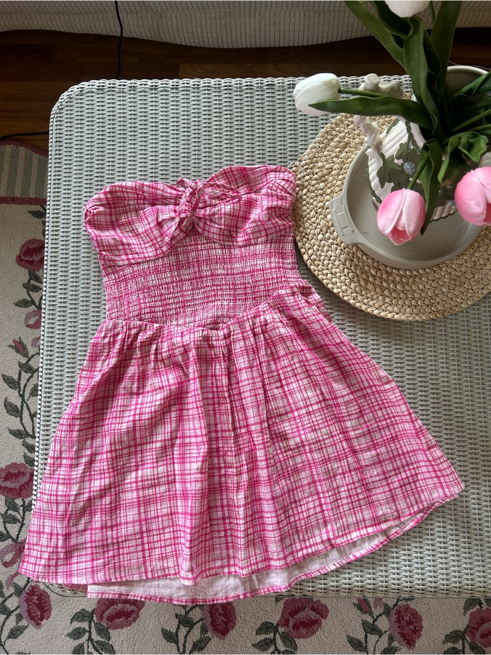 Girls Pink Plaid Strapless Sundress with Smocked Bodice
